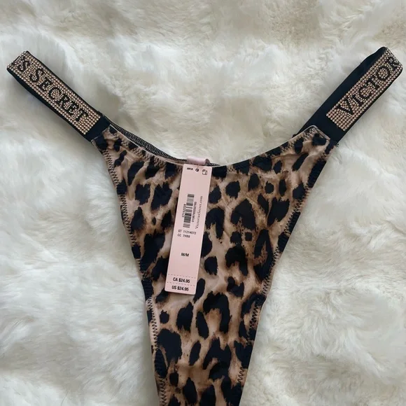 NWT Victoria's Secret VERY SEXY Leopard-Print Thong with Rhinestone Logo Straps - Picture 4 of 7